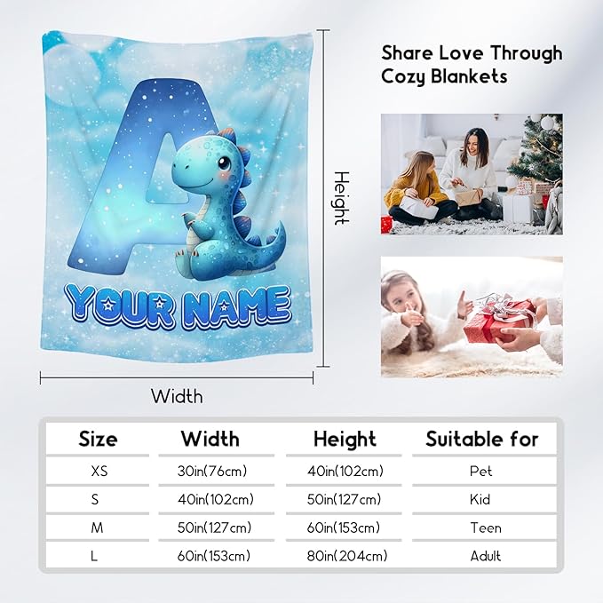Dinosaur Blanket - Personalized Kids Blankets with Name for Boys Girls - Custom Monogram Gifts for Son Daughter - Lightweight Flannel Throws - 4 Sizes for Toddler/Children/Teens/Adults