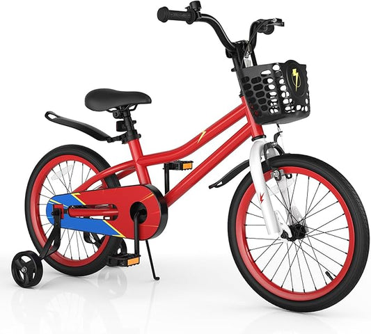 COSTWAY Kids Bike, 12 14 16 18 Inch Toddler Bike for Boys & Girls Aged 3-8 Years Old, Kids Bicycle w/Removable Training Wheels, Handbrake & Coaster Brake, Basket, Bell