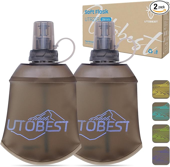 UTOBEST 150ml Soft Flask, 2 Pack Flexible TPU Hydration Water Bottle, Collapsible with 28mm Caliber for Running, Hiking, Cycling, Climbing, and Marathon Purple