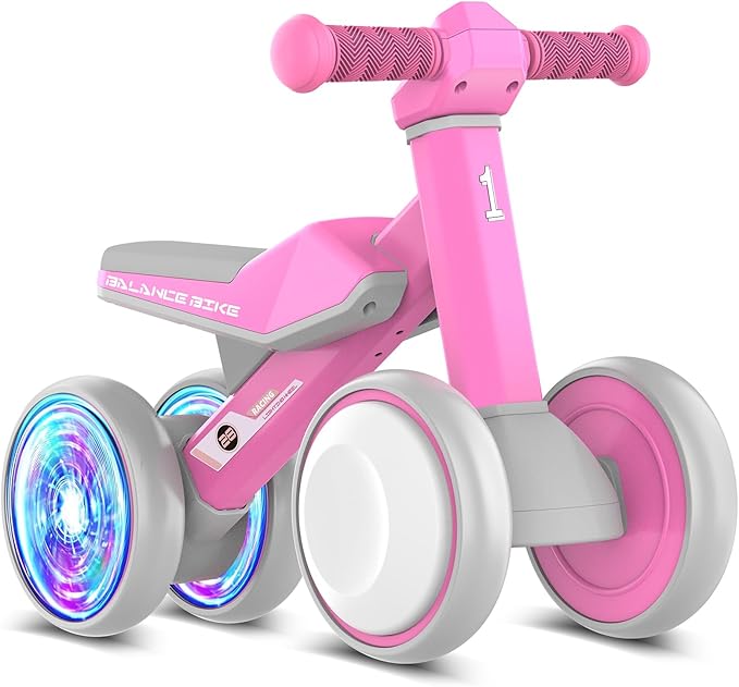 Colorful Lighting Baby Balance Bike Toys for 1 Year Old Girls Gifts, Toddler First Bike 12-24 Months with Adjustable Soft Seat, 4 Silent Wheels Ride on Toy, Perfect First Birthday Gift
