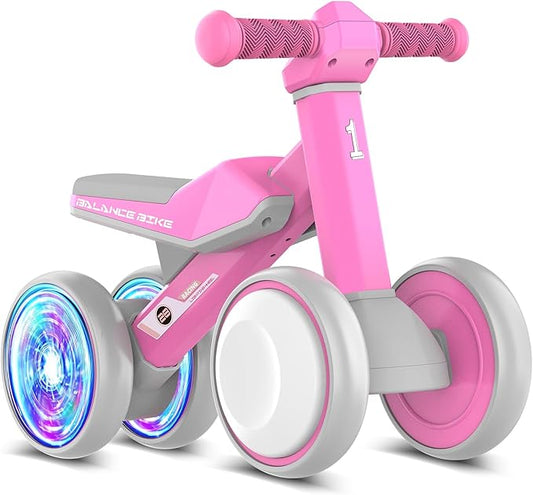 Colorful Lighting Baby Balance Bike Toys for 1 Year Old Girls Gifts, Toddler First Bike 12-24 Months with Adjustable Soft Seat, 4 Silent Wheels Ride on Toy, Perfect First Birthday Gift
