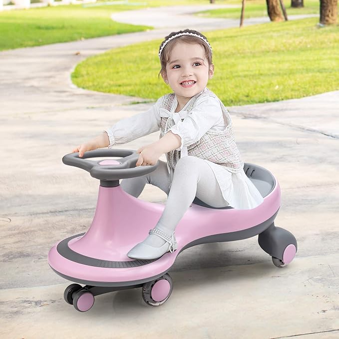 BABY JOY Wiggle Car for Kids, Swing Car with LED Flashing Wheels, No Batteries, Gears or Pedals, Uses Twist, Turn, Wiggle Movement to Steer, Ride-on Toy for Boys Girls 3 Year Old and Up (Pink)
