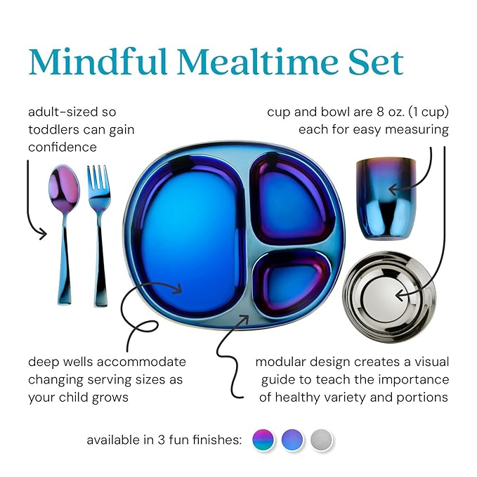 Ahimsa Stainless Steel Kids Dinnerware Set, Pediatrician Designed, 5 Piece Toddler Plates and Bowls Set, Stainless Steel Divided Plate, Cup and Kids Utensils, Blue