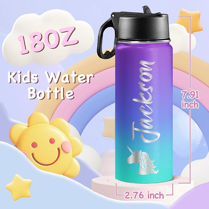 Personalized Water Bottles for Kids with Name for School Customized Christmas Birthday Gifts for Boys Girls Custom Sport Stainless Steel Cup with Straw Lid 18oz for Men Women