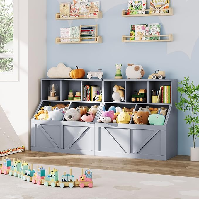 Kids Bookshelf and Toy Storage, Toy Storage Organizer, Toy Organizer with Storage Cabinet and Toy Shelf, Toddler Book Shelf for Kids Rooms, Playroom, Bedroom, Nursery, Daycare, Living Room, Grey