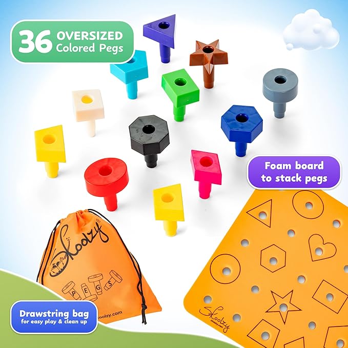 Skoolzy Peg Board Set - Montessori Toys for 2 Year Old - 38 Pc Plastic Peg Board for Kids with Shapes - Occupational Therapy Toys with Pegs, Dice, Lacing String & Storage Bag