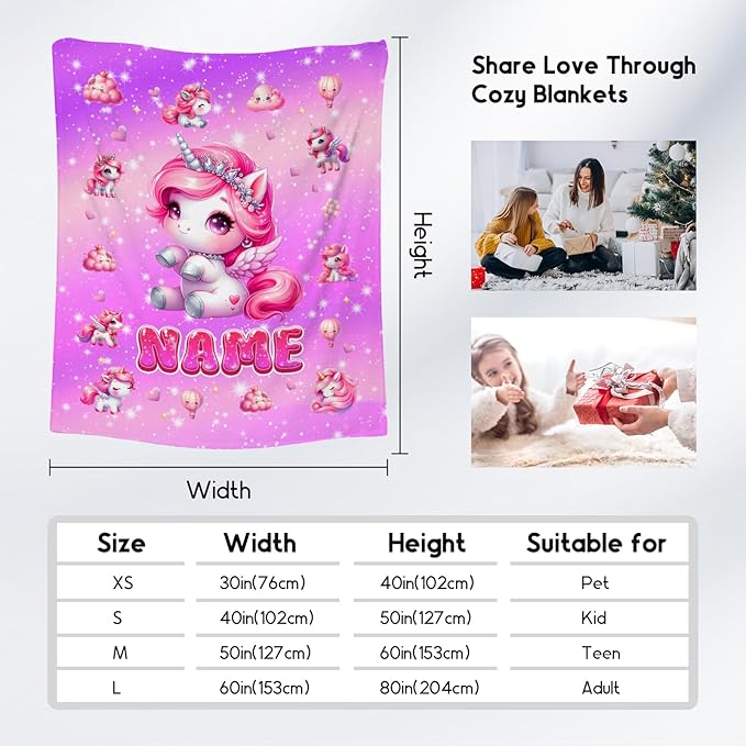 Unicorn Blanket for Girls - Personalized Kids Blankets Gift - Soft Flannel Throw for Couch, Sofa Bed, 4 Size