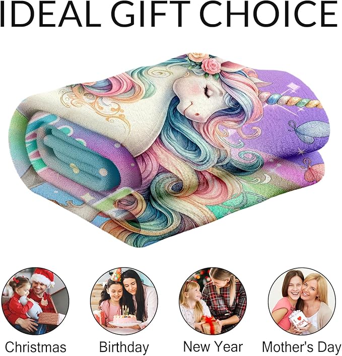 Custom Unicorn Blanket for Girls, 60 x 80 Inches Twin Size Women Blanket - Soft Fuzzy Plush Throw Gifts - Aesthetic Colorful Unicorn Throws for Bed, Living Room