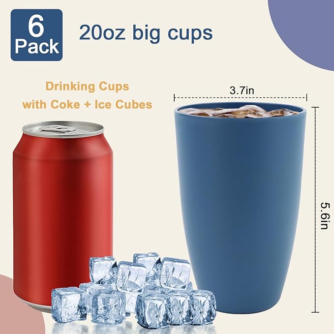Wheat Straw Cups Large Drinking Cups Set of 6-20 OZ Large Capacity Plastic Tumblers Unbreakable Glasses Drinking Microwave and Dishwasher Safe Kitchen Water Glasses - Blue