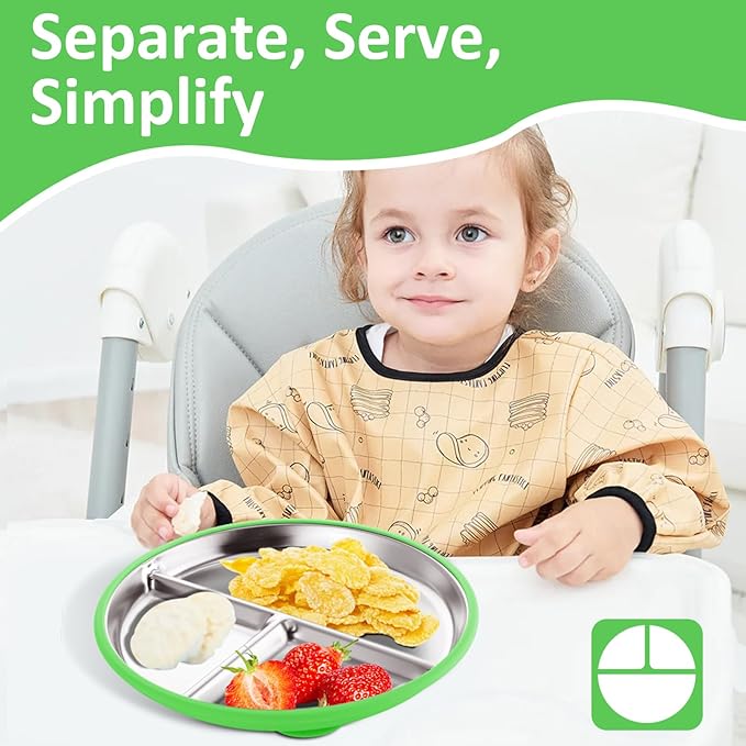 Stainless Steel Suction Plates for Toddlers, 9" Divided Kids Baby Plates with Removable Silicone Suction, Non Toxic Non Slip Portion Control Snack Dishes 3 Packs, Bright Orange/Blue/Green