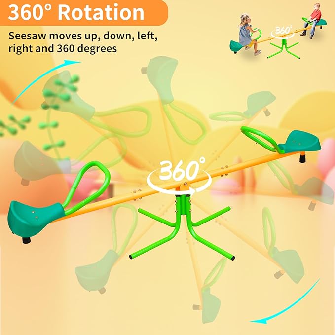 360 Degree Rotation Seesaw Swivel Teeter-Totter, 2/3/4 Seats Sit and Spin Outdoor Playground Equipment for Kids, Toddlers, Boys, Children (Green-2 Seats)