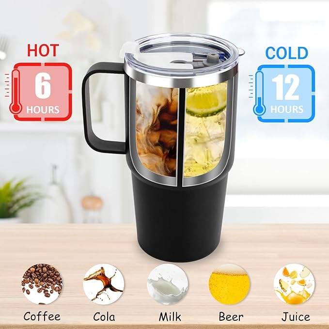 Sursip 24 oz Insulated Cup with Handle, Double Wall Vacuum Stainless Steel Tumbler with Straw and 2 Lids, For Cold/Hot Drinks, Coffee Travel Mug for Car/Home/Office/Party/Camping (White-1 Pack)