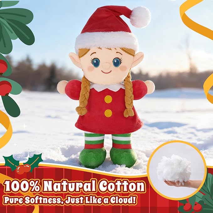 Christmas Elf Plush, Soft Baby Doll Girls First Baby Doll Toys Birthday Christmas Plushies Gift Elf Toy for Toddler Kids Infants