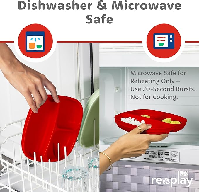 Re-Play Toddler Plates with Dividers - Deep-Walled 3 Compartments Divided Plates for Kids - Dishwasher & Microwave Safe - Made in USA - Set of 4-7.37" x 7.37" x 1.25" - Red