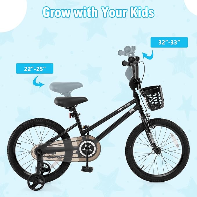 BABY JOY Starry Kids Bike, 12 14 16 18 Inch Bicycle with Training Wheels, Storage Basket, Adjustable Handlebar & Seat, Handbrake & Coaster Brake, Girls Boys Bike