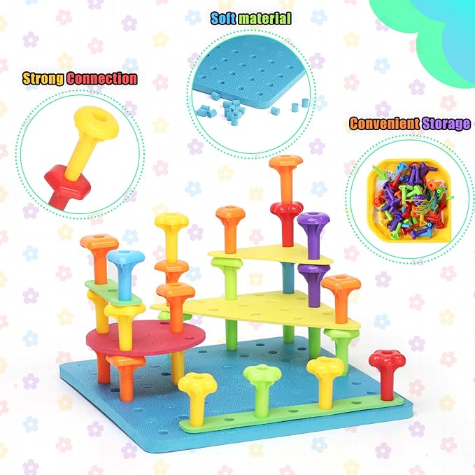 Peg Board Toy set 73Pcs DIY Building Stacking Toys for Kids 3-6 Years Old,STEM Educational Kids Toy for Brain Development,Montessori Sensory Toys,Upgrade Various Foam Board Plastic Lacing String Game
