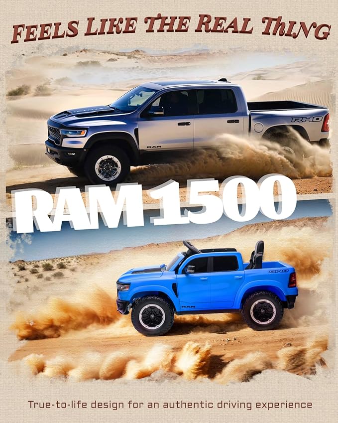 First Ride On 12V Kids Electric Vehicles, Licensed Ram 1500 RHO Kids Ride on Truck with Remote Control, Ride on Car for Children with Smooth Start, Truck Bed Storage, Bluetooth, Aux Port (Blue)