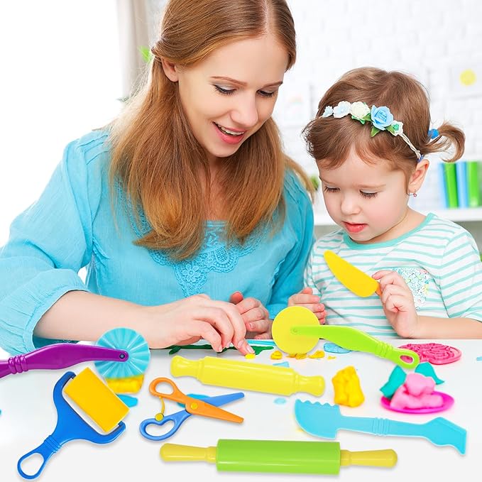 Playdough Tool Set, 9 Pcs Play Dough Tools Sets for Kids Ages 4-8, Playdough Accessories Includes Cutters Roller, Rolling Pins, Safety Scissors, Plastic Knife