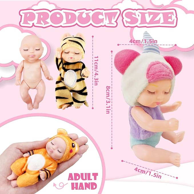Haawooky 6 Pcs 4 Inch Mini Baby Dolls,Cute Small Baby Doll Toys with 8 Pcs Animal Clothes,Lifelike Realistic Reborn Tiny Baby Dolls for Kids Baby Shower Easter Basket Birthday Gifts