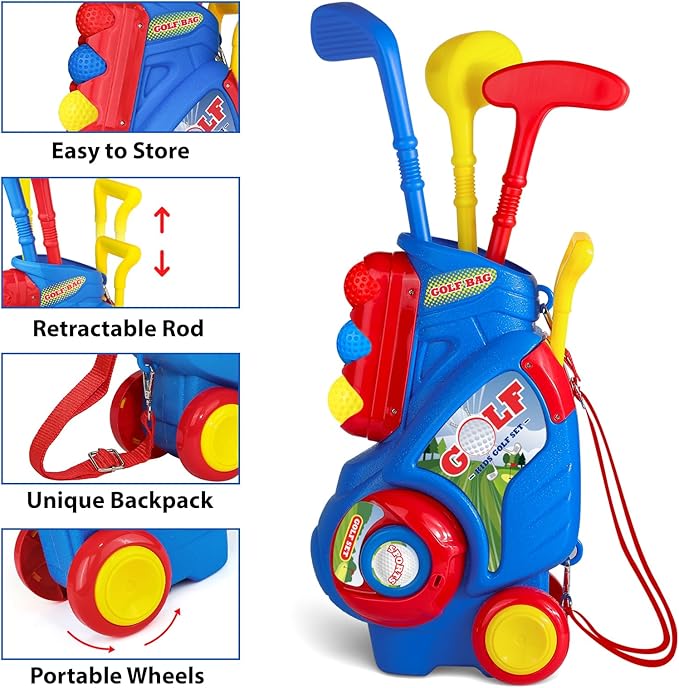 Toddler Golf Set for Boys Girls 2 3 4 5 Years Old, Upgraded Kids Golf Cart with Putting Mat & Cornhole Board, Outdoor Indoor Sports Christmas Toys, Blue