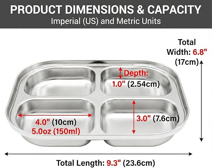 Korean Stainless Steel Divided Plates by KS&E, Little Kids Toddlers Babies Tray, BPA Free, Diet Food Control, Compact Serving Platter, Dinner Snack, 4 Compartment Plate Silver, Set of 2
