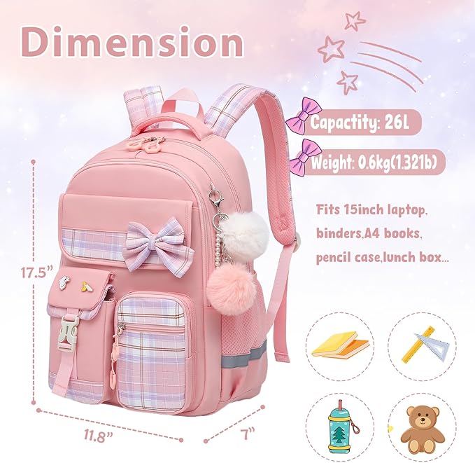 School Backpack for Girls Kids Bookbag for Elementary Middle School Casual Travel Daypack Teen Backpacks Pink
