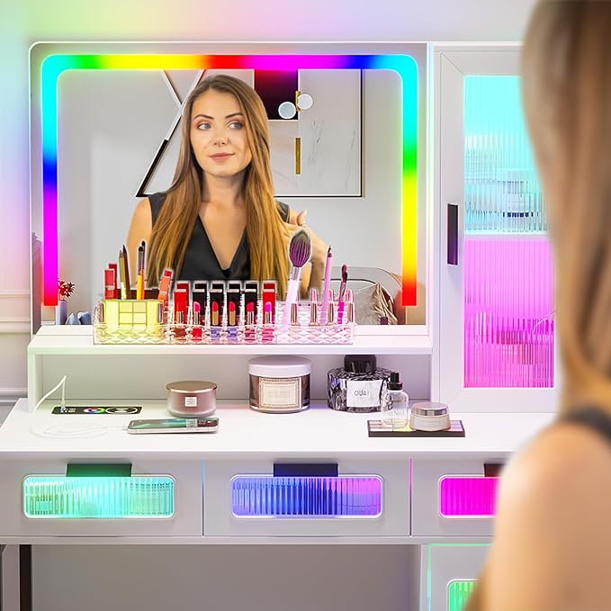 HNEBC RGB Vanity Desk with Mirror and Lights, LED Vanity Makeup Desk with USB/Wireless Charger Station, Vanities Dressing Table Sets with 6 Drawers/Cabins/Stool/Shelves for Bedroom&Cloakroom,White