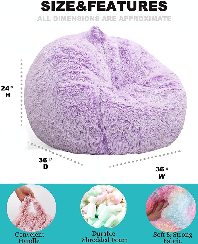 Fluffy Bean Bag Chair, 3FT Round Memory Foam Filled Bean Bag for Teens & Kids, Ultra Soft Faux Fur Fabric Bean Bag Chairs for Playroom, Living Room, Bedroom, Lavender