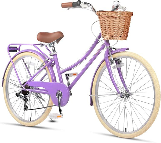 Glerc 20 24 26 Inch Beach Cruiser Bike, 6-Speed Hybrid City Bicycle for Girls Youth and Over 6 Years Old, Missy Bike with Wicker Basket & Lightweight, Multiple Colors