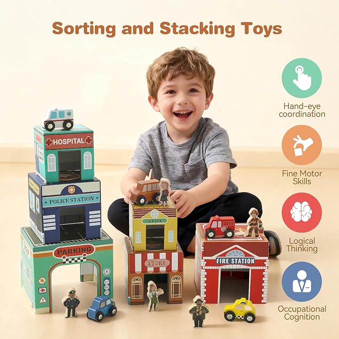 Youuys 3-in-1 Sorting and Stacking Toys for Toddlers 1-3 with Building Blocks, Wooden Community Helpers, Montessori Nesting Boxes for Preschool Learning Stocking Stuffers for Boys Girls