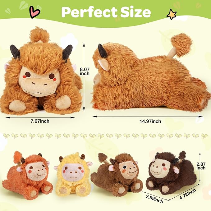 KMUYSL Highland Cow Stuffed Animal for Girls Ages 0 1 2 3 4 5 6 7 8+ Years Old, Mommy Cow Animals Plush Toys with 4 Baby Calves, Soft Animal Stuffed Toys Set, Christmas Birthday Gifts for Kids Girls