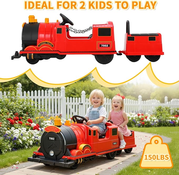 TLSUNNY Ride On Train Trackless, 12V Kids Battery Electric Train with 2-Seater，Detachable Carriage, Extra Storage, Colorful Lights & Music, Toddlers Car Toy for Boys & Girls Age 3+ (Red)