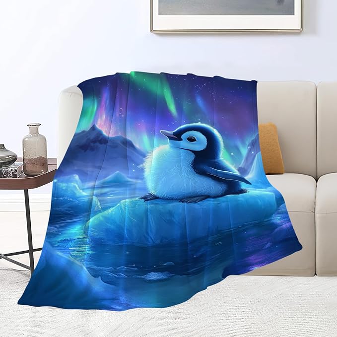 Cute Penguin Blanket Aurora Starry Night Animal Throw Blankets Gifts for Girls Boys Kids Penguin Lover Soft Cozy Fleece Plush for Couch Sofa Bed 80"x60"