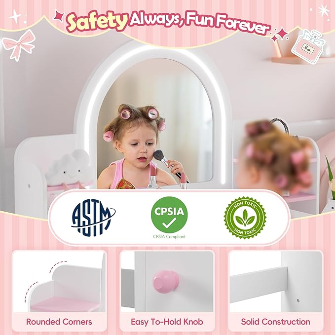 MU Kids Vanity with Lights, Princess Makeup Vanity Desk with Open Bookshelf, Storage Cabinet & Shelves, 2 in 1 Toddler Vanity Table & Chair Set with Lighted Mirror for Little Girls (White)