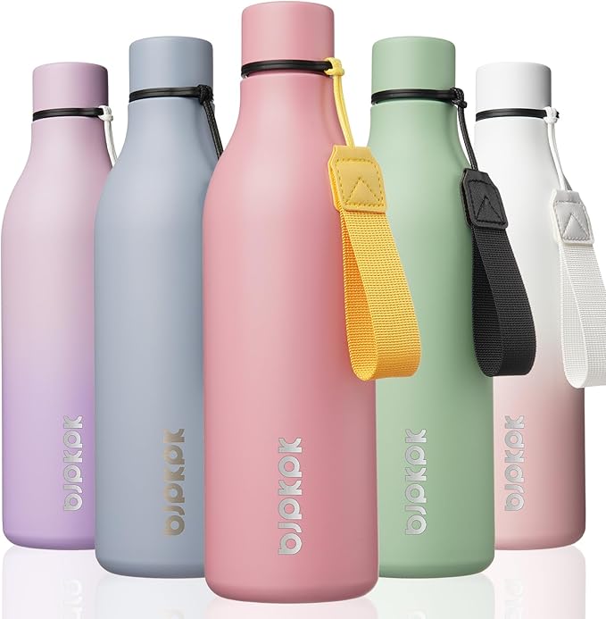 BJPKPK Insulated Water Bottles, 25 oz Stainless Steel Metal Water Bottle with Strap, BPA Free Leak Proof Thermos, Mugs, Flasks, Reusable Water Bottle for Sports & Travel, Light Pink