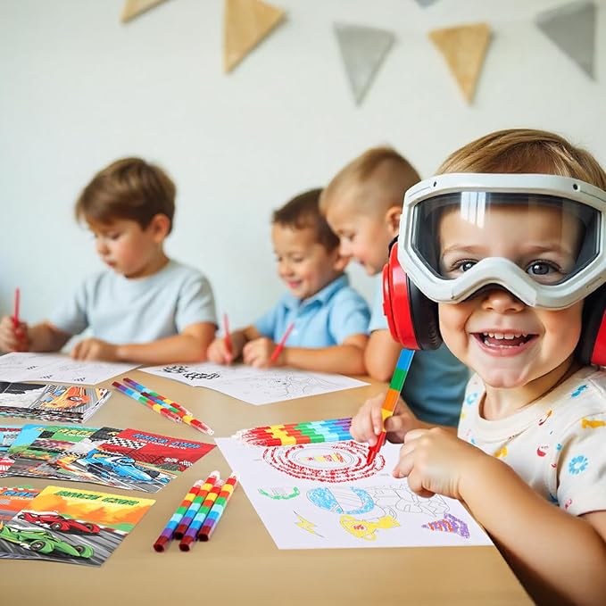 BenLouis 12 Race Car Mini Coloring Books Kids with 12 Stacking Crayons Racing Theme Party Favors Small Activity Books Bulk for Kids Fast Racecar Wheel Birthday Party Gift Goodie Bag Stuffers