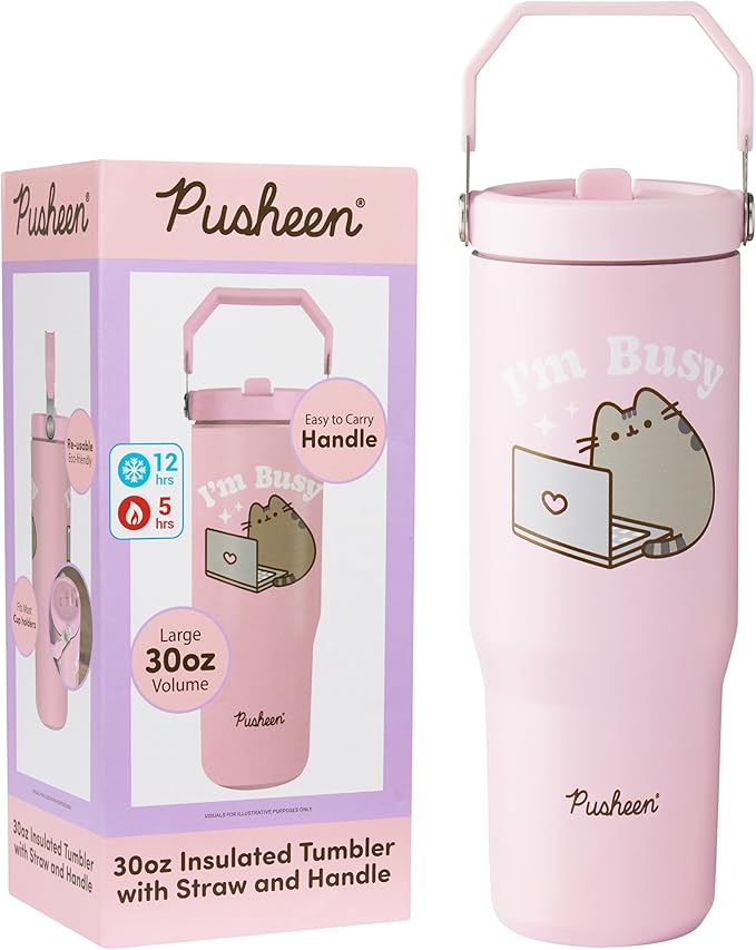 Get Trend Pusheen Tumbler Stainless Steel with Straw 30oz Girls Teens Women Insulated Cup with Lid Travel Mug for School Sports Cute Gifts for Girls (Pink Pusheen)