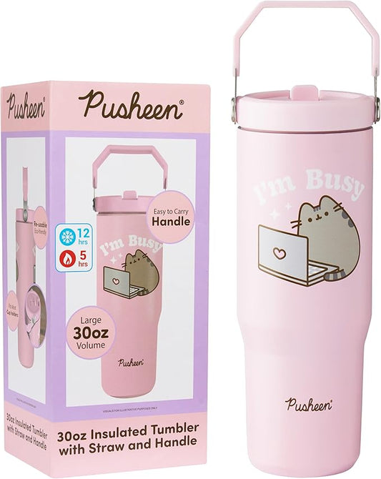 Get Trend Pusheen Tumbler Stainless Steel with Straw 30oz Girls Teens Women Insulated Cup with Lid Travel Mug for School Sports Cute Gifts for Girls (Pink Pusheen)