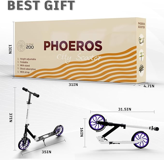 PHOEROS Kick Scooter for Kids Ages 6-12,Teens & Adults, Youth. Lightweight Aluminum Kick Scooter for Teens Adults Boys Girls with 8 inch Big Wheels, Foldable, 3 Height Adjustable, Shock Absorption.