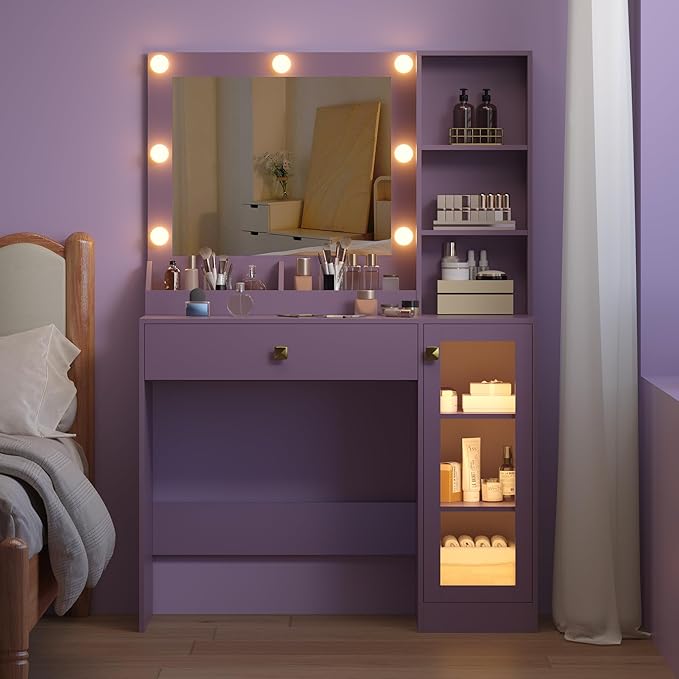 Small Vanity Desk with Mirror and Lights, Makeup Vanity Desk with Adjustable Brightness 3 Light Modes, RGB Storage Cabinet, Power Outlet, Drawer, Shelves (Lavender Mist)