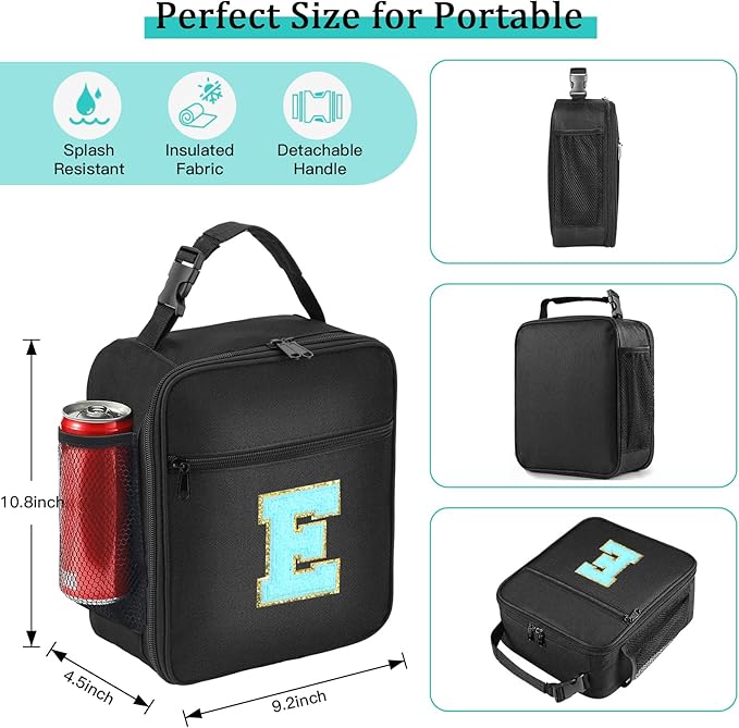 Initial Insulated Lunch Bag, Lunch Box with Initial Letter Patch for Teen Adult, Reusable Lunch Bag for Men Women, Ideal Back to School Gift Birthday Gift, Blue E