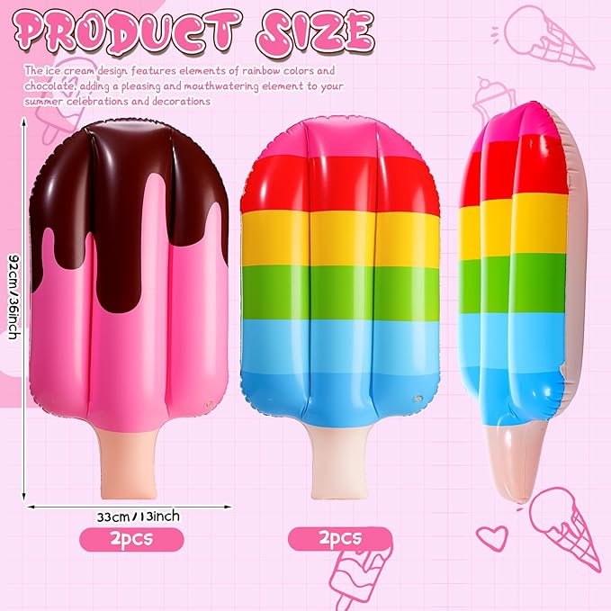 4 Pcs 36 Inch Inflatable Ice Cream Blow up Rainbow Ice Cream Inflatable Summer Decorations for Summer Pool Beach Birthday Party Decor