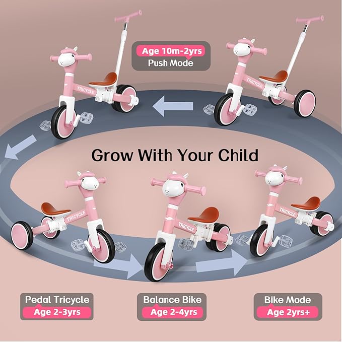Tricycle for Toddlers 1-3 Year Olds, 5 in 1 Toddler Balance Bike 2-4 Years Old Boys Girls, Push Trike Toys with Adjustable Handle, Birthday Gifts for 2 3 4 5 Year Old Kids Bike (Pink)