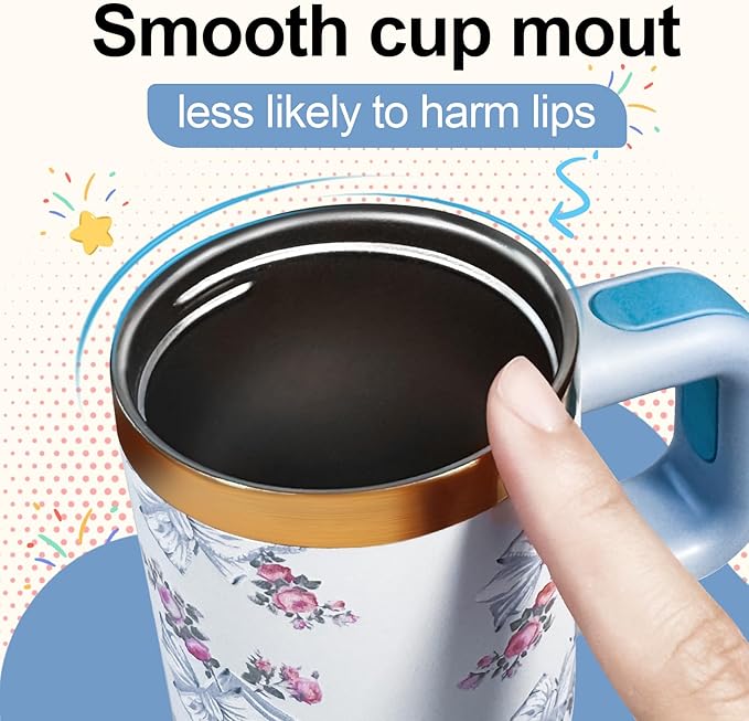 14 oz Tumbler with Handle and Straw, 14oz Toddler Tumbler with Lid and Straw for Kids Stainless Steel Tumblers, Outdoor Sports Travel School Gift, Keeps Drinks Cold up to 24 Hrs(WhiteFlower)