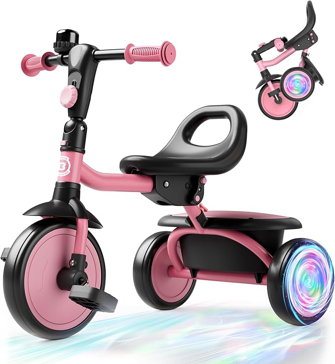 besrey Colorful Lighting Toddler Tricycle for Ages 18 Months to 5 Years, Toddler Bike with Bell, Kids Tricycle, Gift for 2-5 Year Olds, Toy for Boys and Girls, Tricycle for Toddlers, Pink