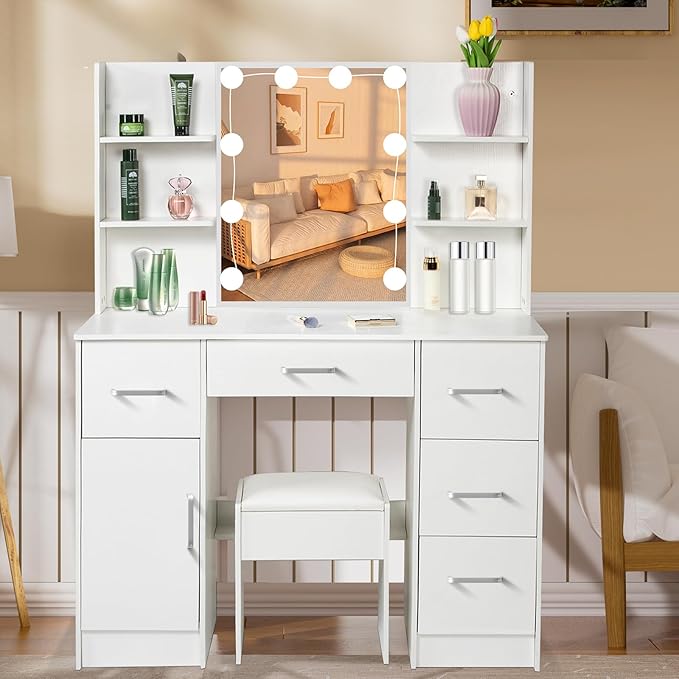 Makeup Vanity Desk with Lighted Mirror, 39.4''W White Vanity with 3-Color Adjustable Brightness, 7 Drawers & Open Shelves, Big Vanity Table for Bedroom, Girls & Women