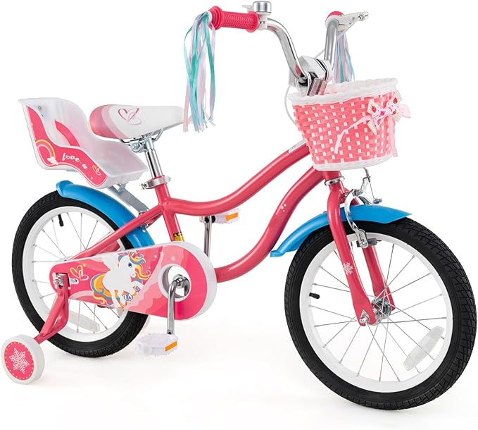 BABY JOY Kids Bike, 12 14 16 18 Inch Children Bicycle w/Detachable Training Wheels, Storage Basket, Adjustable Seat & Handlebar, Bow or Streamer, Girls Bike for 3-8 Years Old