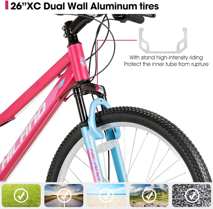 Hiland 26 Inch Womens Mountain Bike, with Step-Through Frame, 18 Speeds, Suspension Fork MTB, Bicycle for Women Men Adult