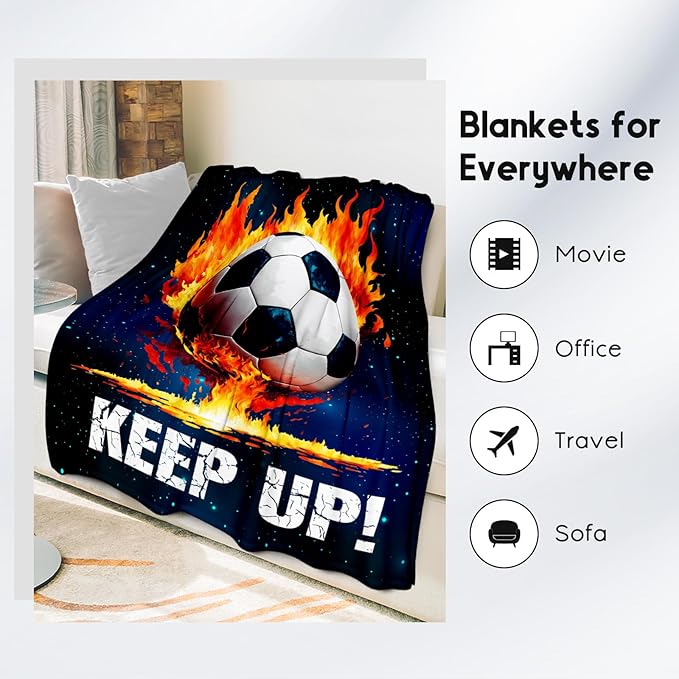 Soccer Blanket Gifts for Kids - Soccer Gift for Boys 8-12, Sports Throw Blankets for Team Player Adults Men - Soft Plush Girls Throws for Couch, Bed (Blue, 50x60 Inch)