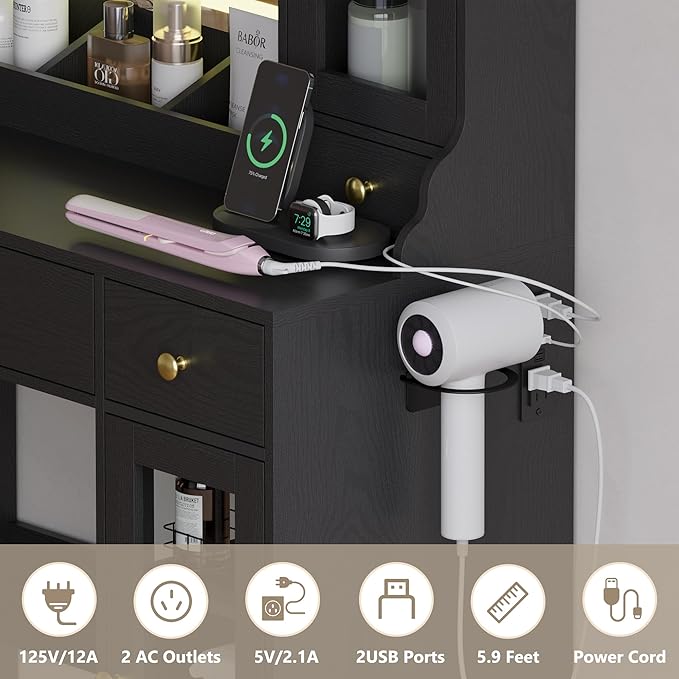 Vanity Desk with Mirror and Lights, Pink Makeup Vanity Table with 3 Modes & Adjustable Brightness, Glass Cabinets, Drawers, Outlet, Modern Dressing Table for Bedroom, Girls, Women, Teens